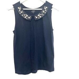 LOFT Black Embellished Collar Women's Top sz M, pleated embellished
